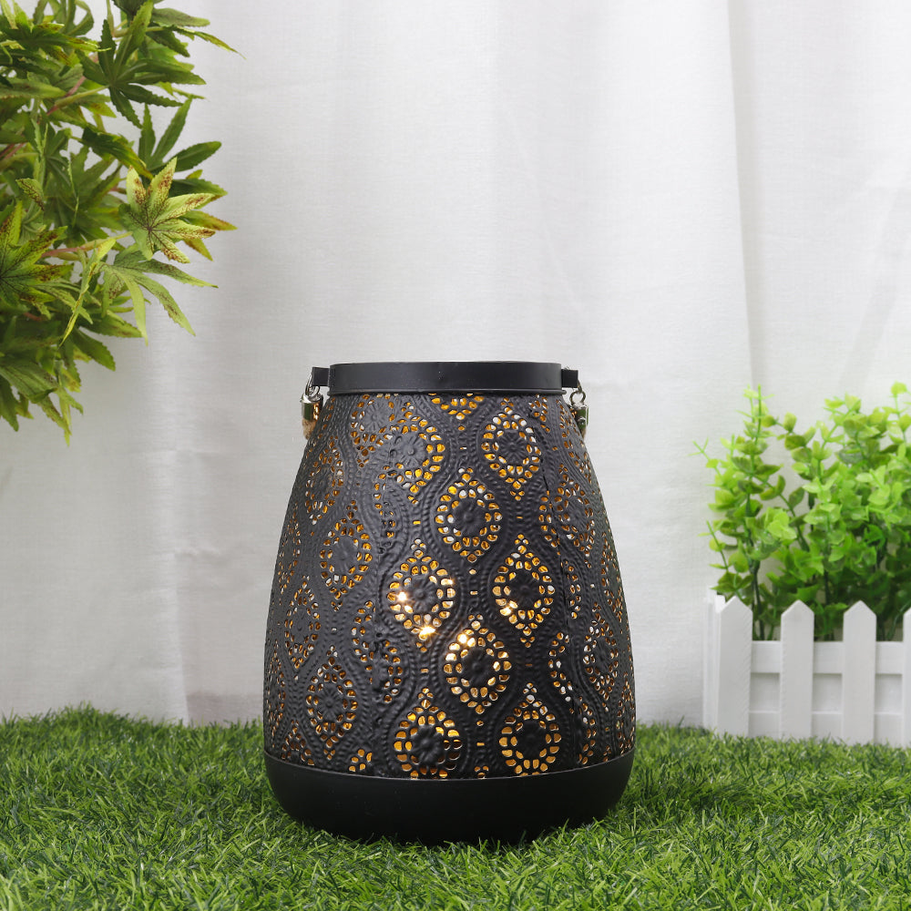 Moroccan Style Black Metal Cordless Table Lamp with Geometric Cutouts