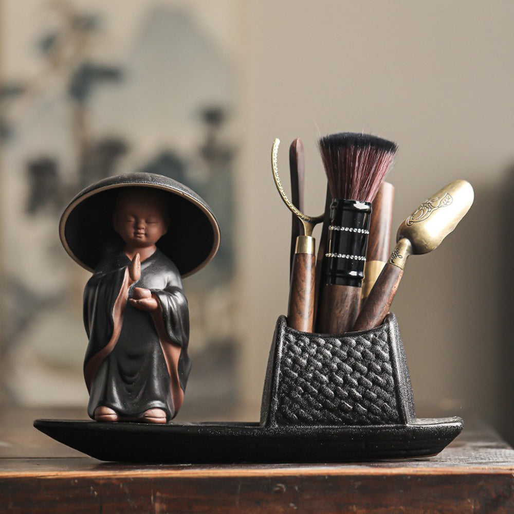 Ceramic Monk Tea Utensil Set with Wooden Handle