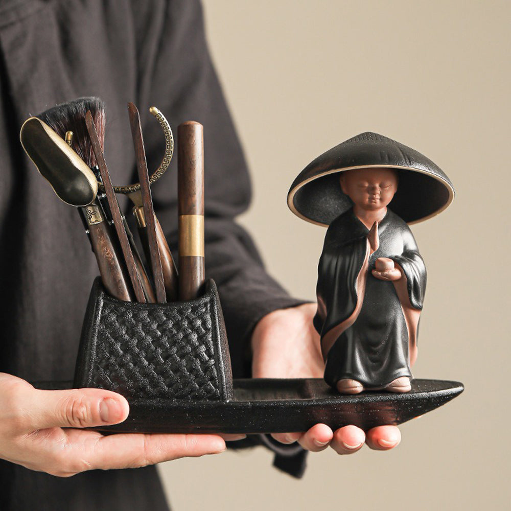 Ceramic Monk Tea Utensil Set with Wooden Handle