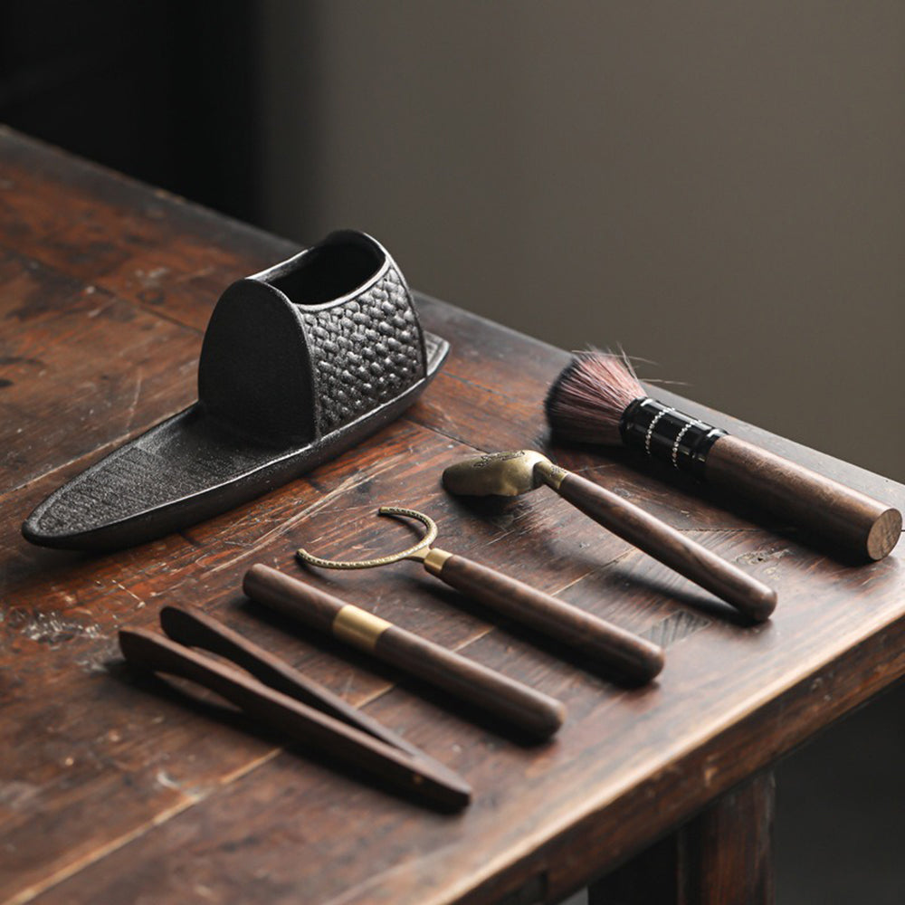 Ceramic Monk Tea Utensil Set with Wooden Handle