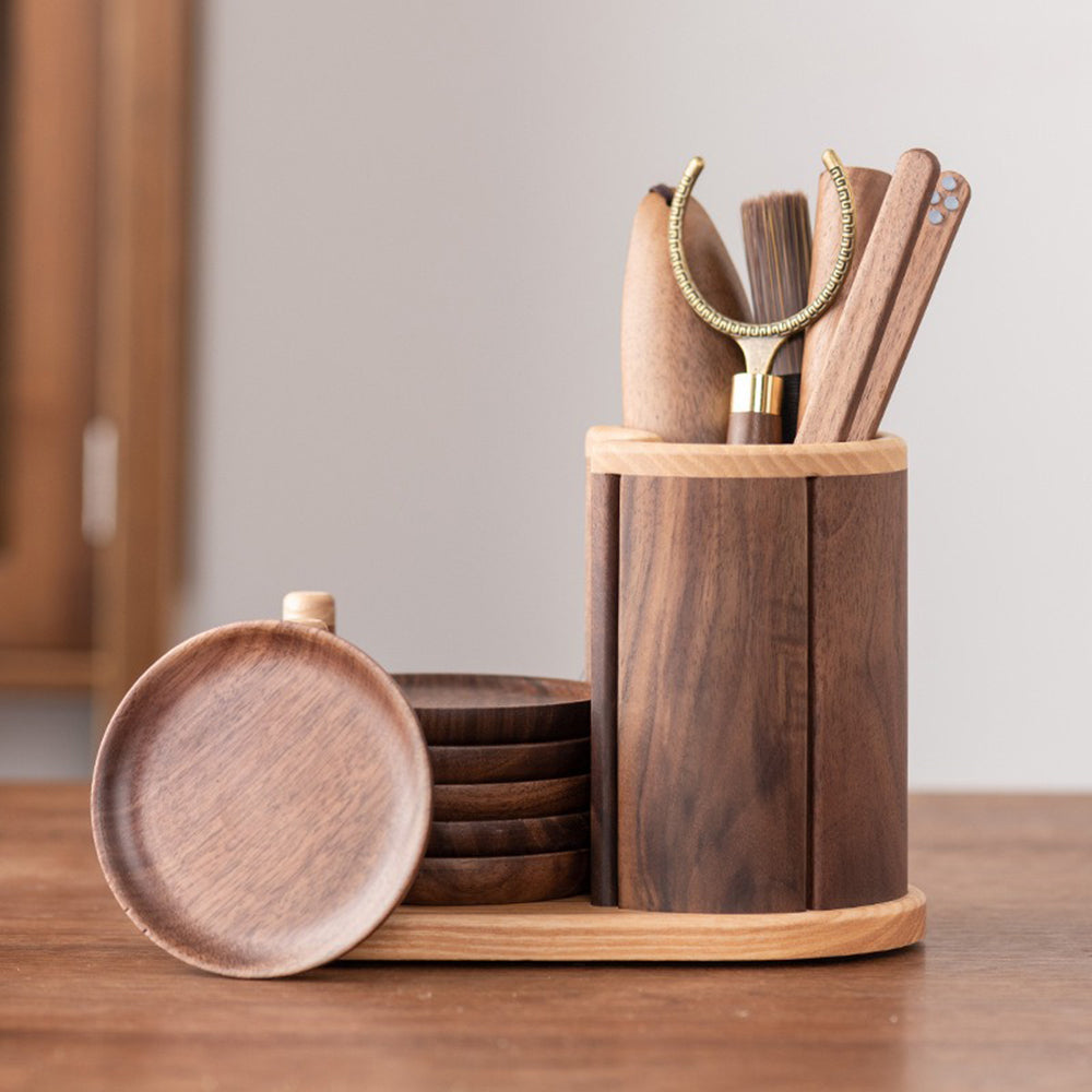 Walnut Wood Tea Utensils Set with Coasters and Copper Accents