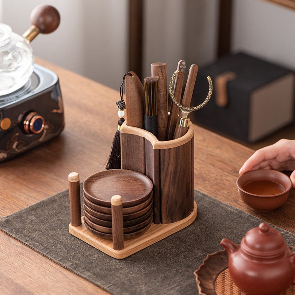 Walnut Wood Tea Utensils Set with Coasters and Copper Accents