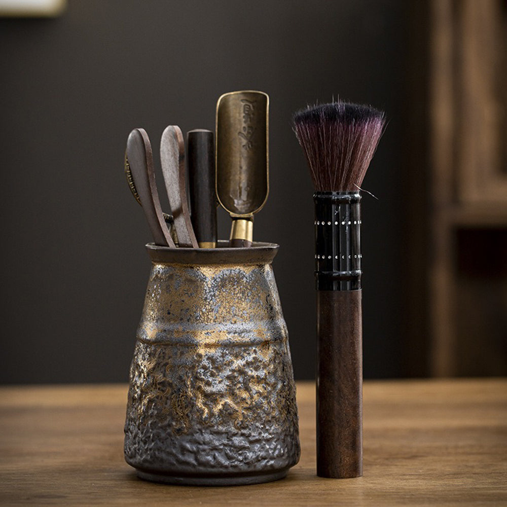 Ebony Tea Utensils Set with Gilded Ceramic Holder