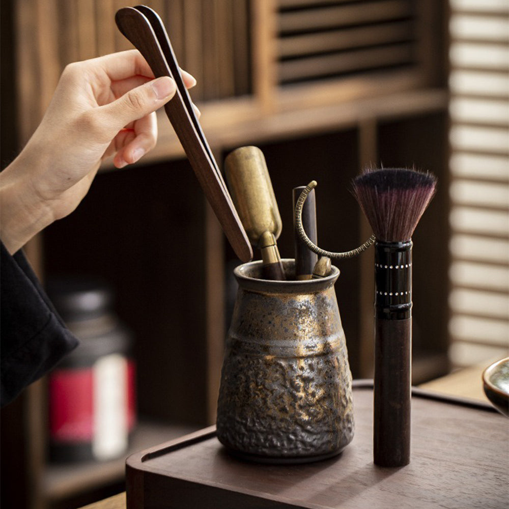 Ebony Tea Utensils Set with Gilded Ceramic Holder