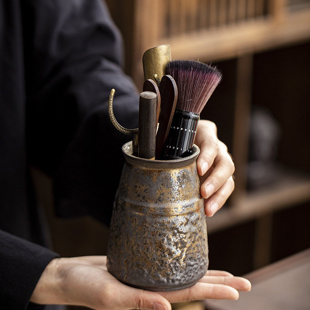 Ebony Tea Utensils Set with Gilded Ceramic Holder