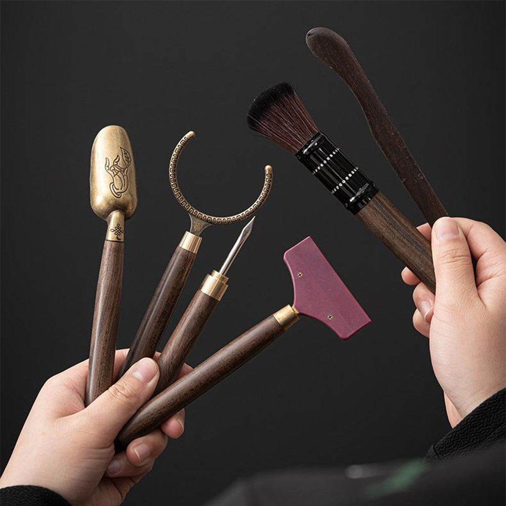 Ebony Tea Utensils Set with Bronze Glaze Holder