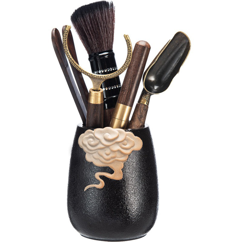 Ebony Tea Utensils Set with Copper Accents and Ceramic Holder