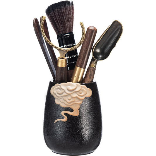 Ebony Tea Utensils Set with Copper Accents and Ceramic Holder