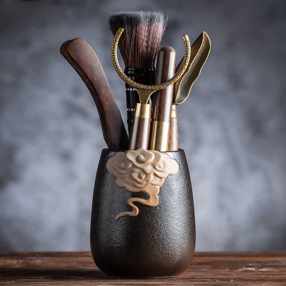 Ebony Tea Utensils Set with Copper Accents and Ceramic Holder