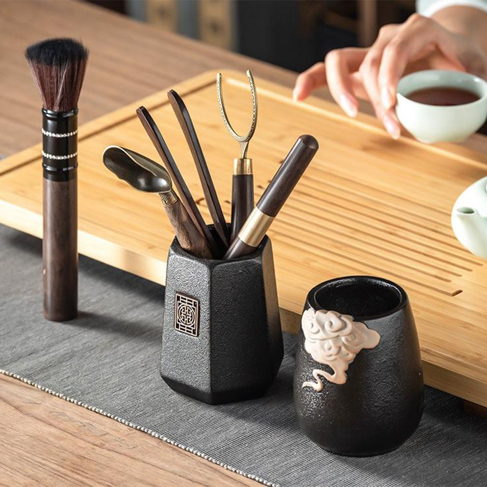 Ebony Tea Utensils Set with Copper Accents and Ceramic Holder