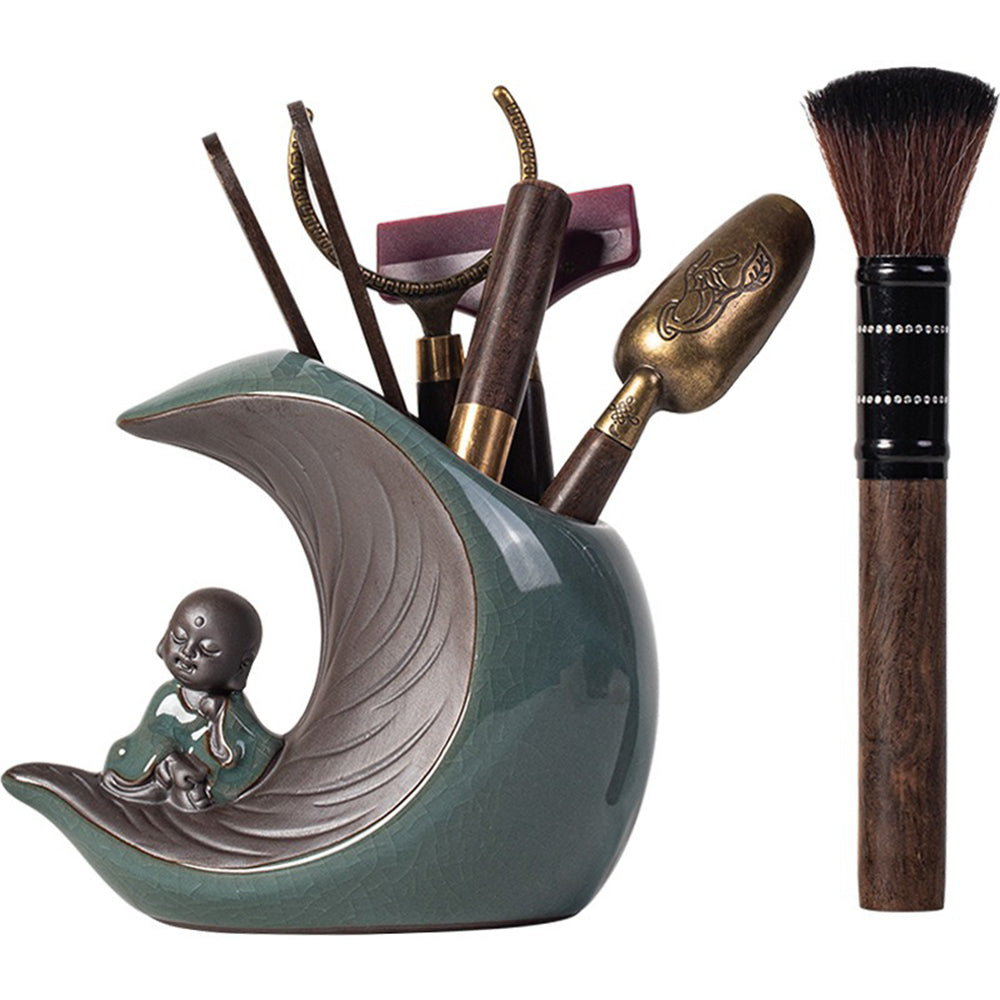 Ebony Tea Utensils Set with Moon-Shaped Ceramic Holder and Monk Design