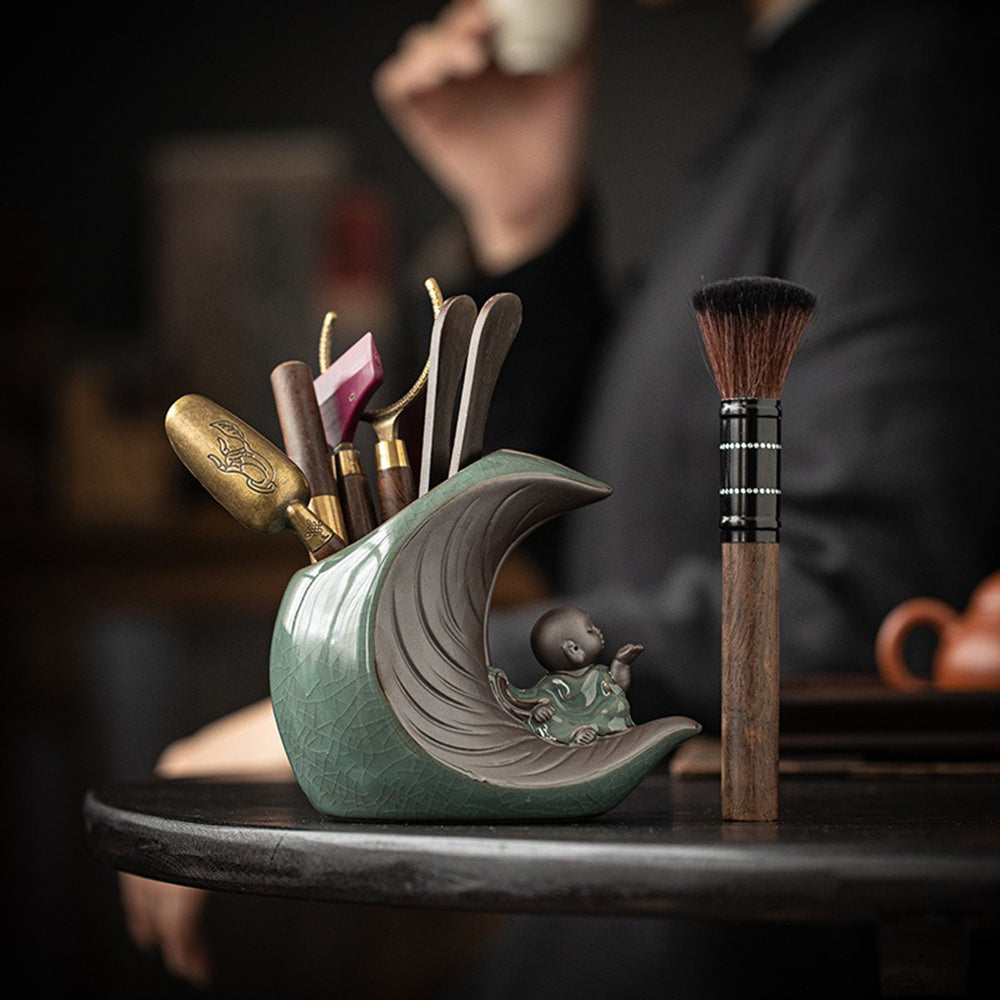 Ebony Tea Utensils Set with Moon-Shaped Ceramic Holder and Monk Design