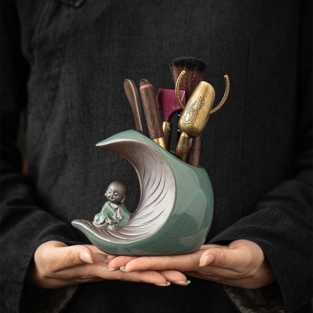 Ebony Tea Utensils Set with Moon-Shaped Ceramic Holder and Monk Design