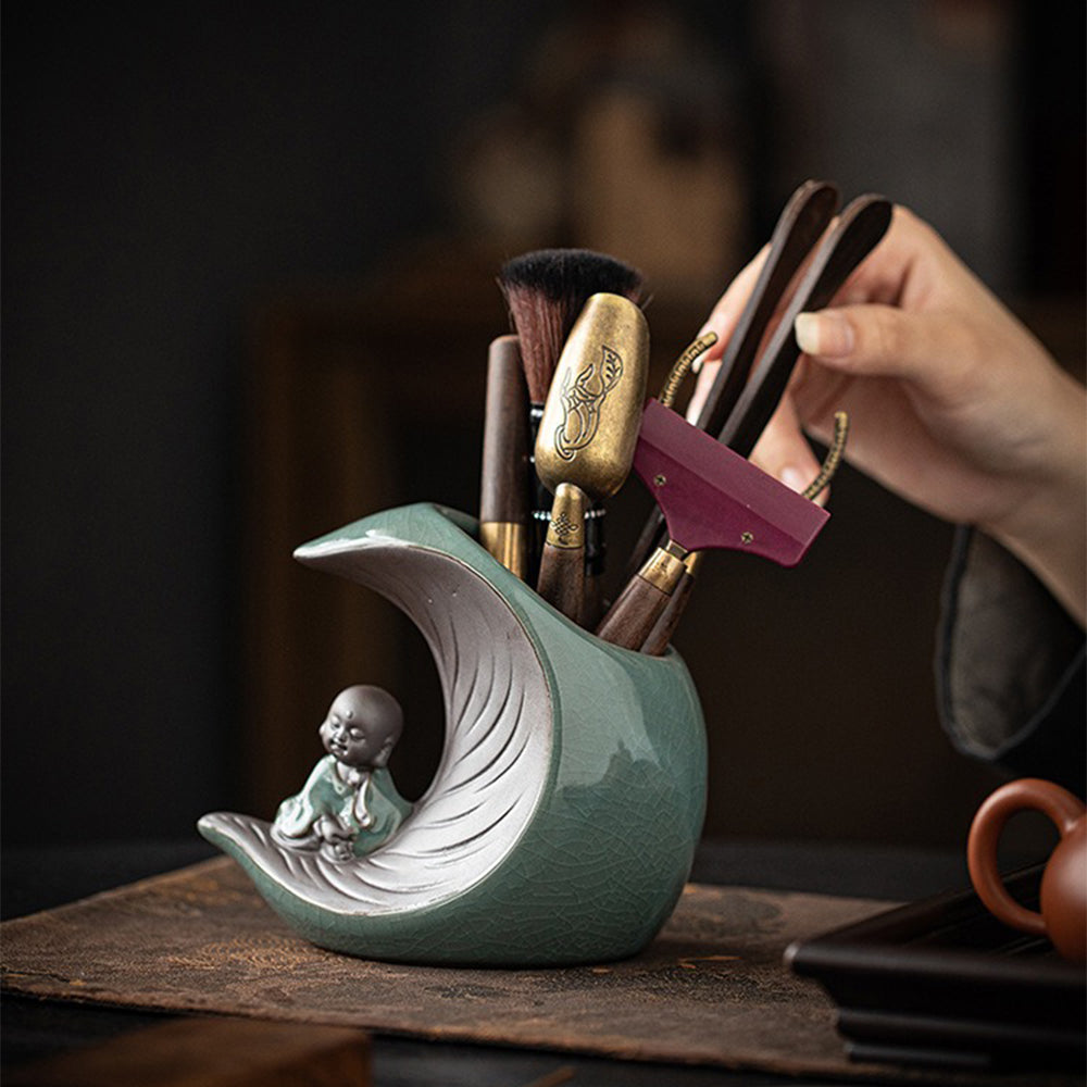 Ebony Tea Utensils Set with Moon-Shaped Ceramic Holder and Monk Design