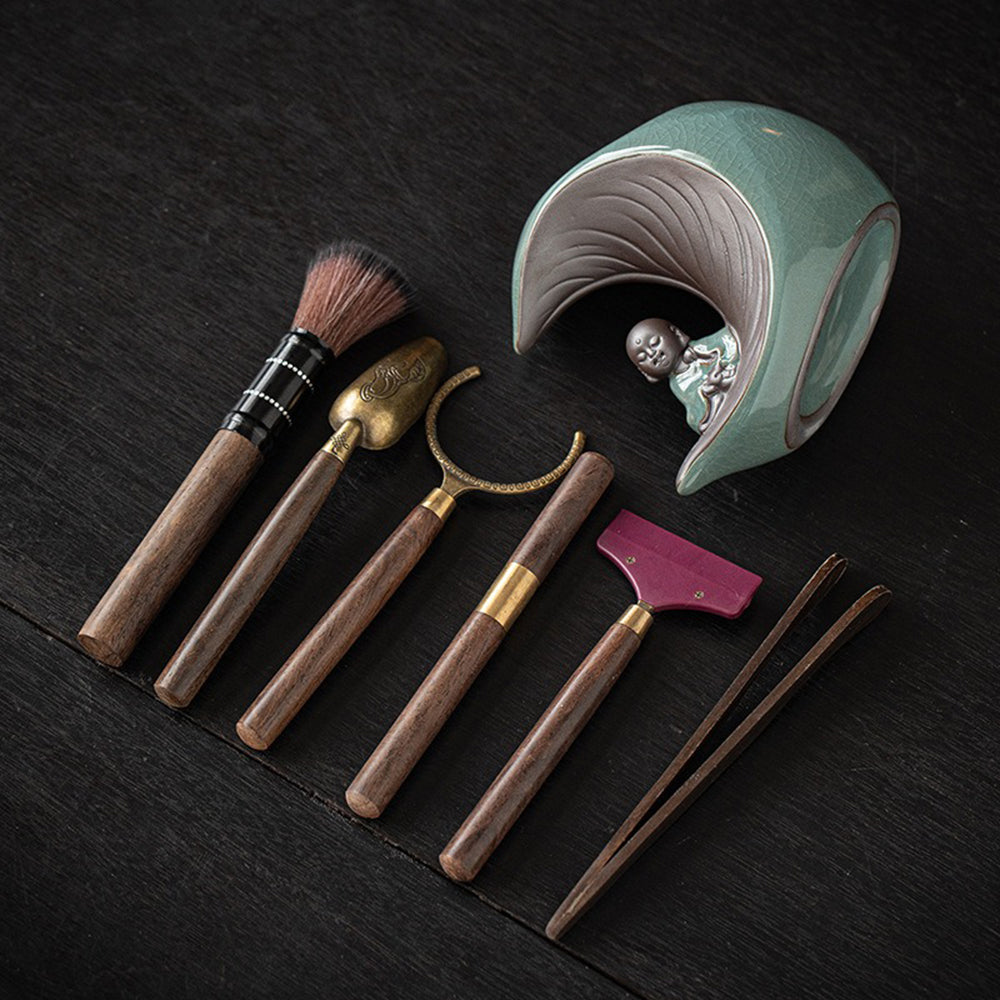 Ebony Tea Utensils Set with Moon-Shaped Ceramic Holder and Monk Design