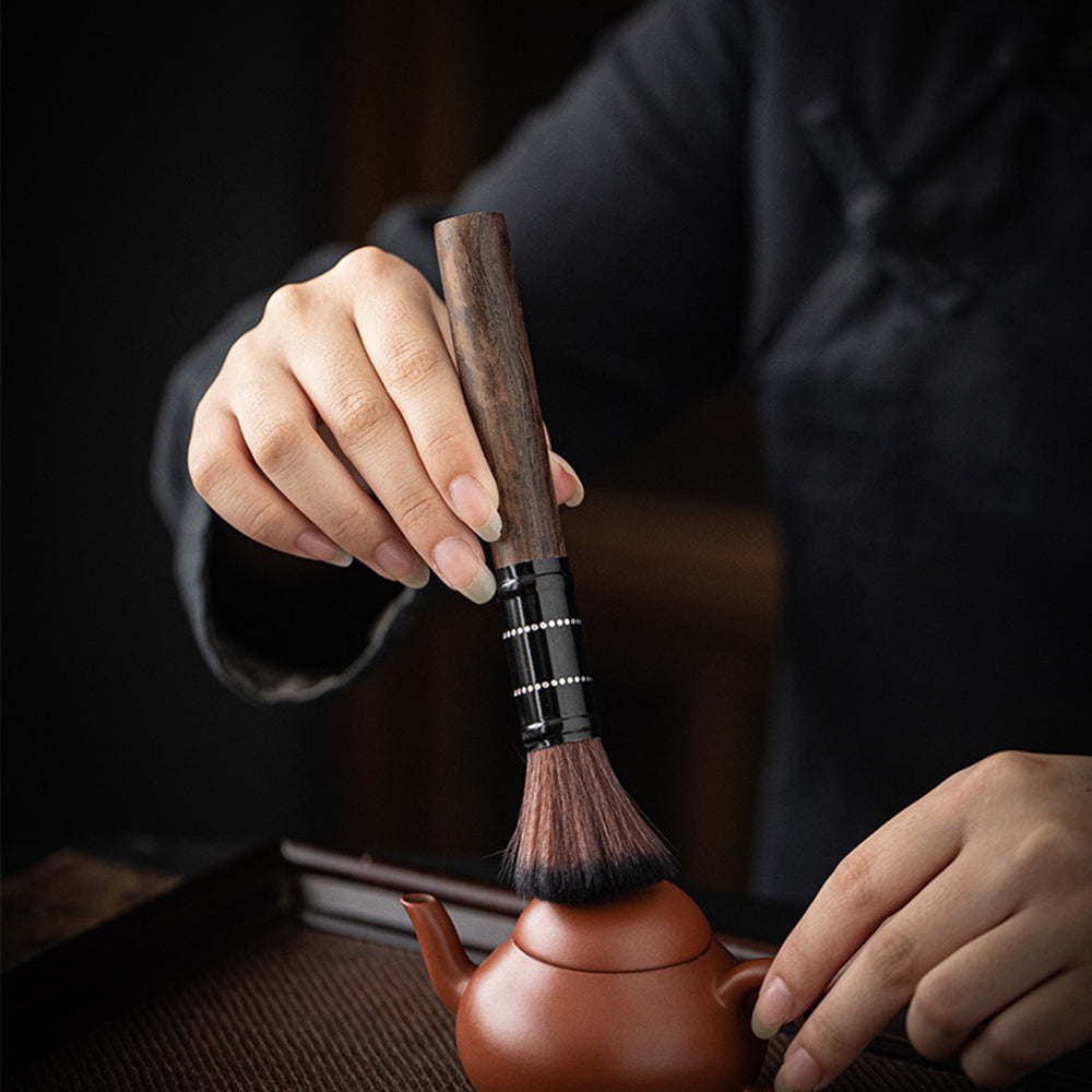 Ebony Tea Utensils Set with Moon-Shaped Ceramic Holder and Monk Design