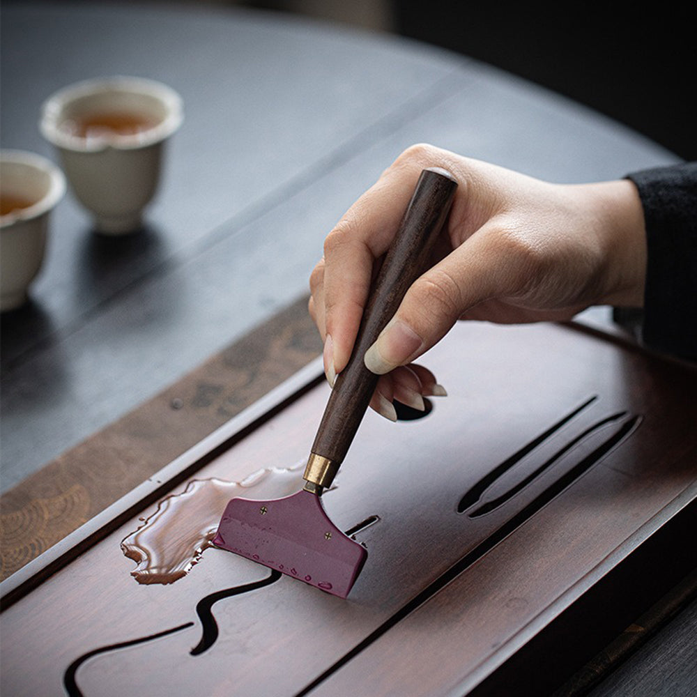 Ebony Tea Utensils Set with Moon-Shaped Ceramic Holder and Monk Design