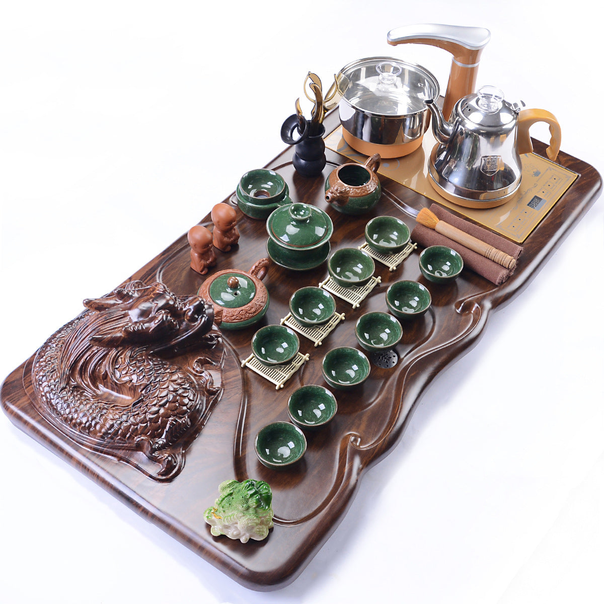 Green Ice Crack Kung Fu Tea Set with Dragon Tray and Induction Cooker