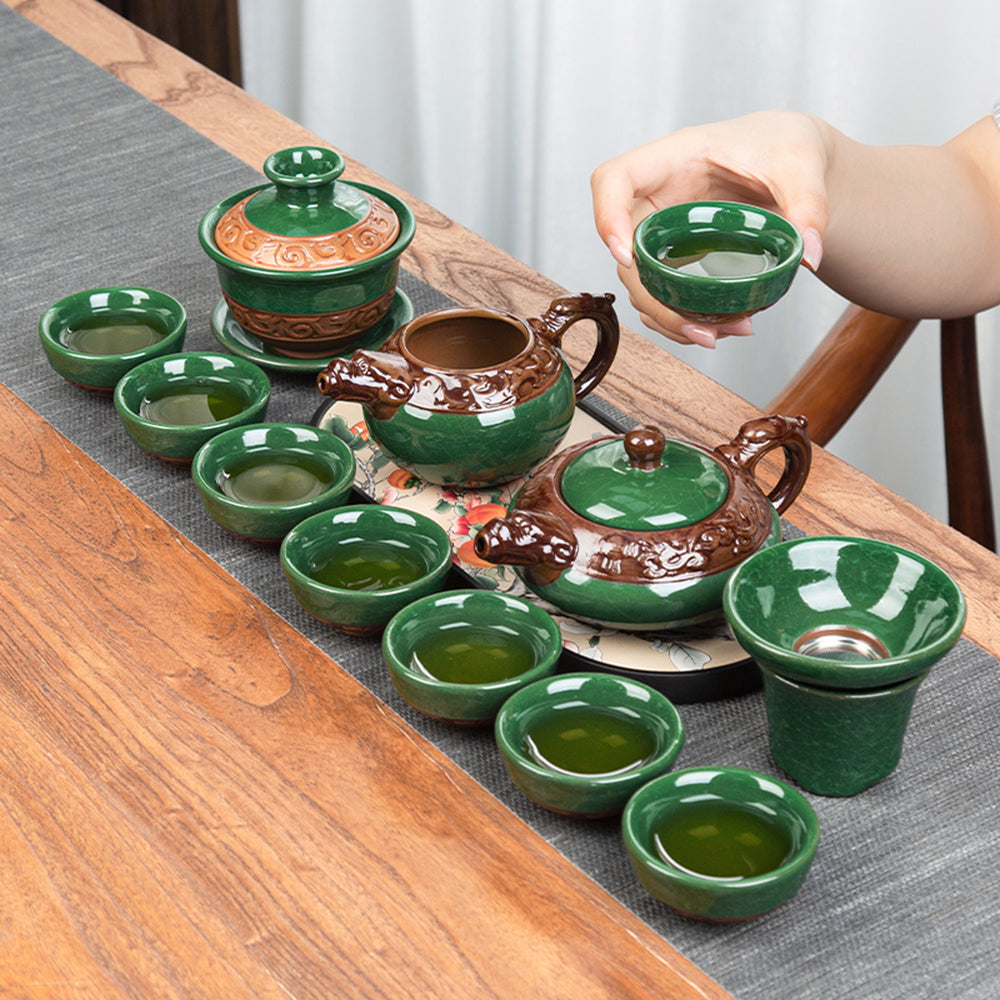 Green Ice Crack Kung Fu Tea Set with Dragon Tray and Induction Cooker