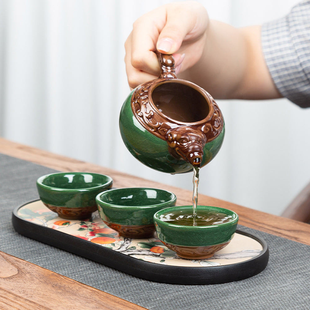 Green Ice Crack Kung Fu Tea Set with Dragon Tray and Induction Cooker