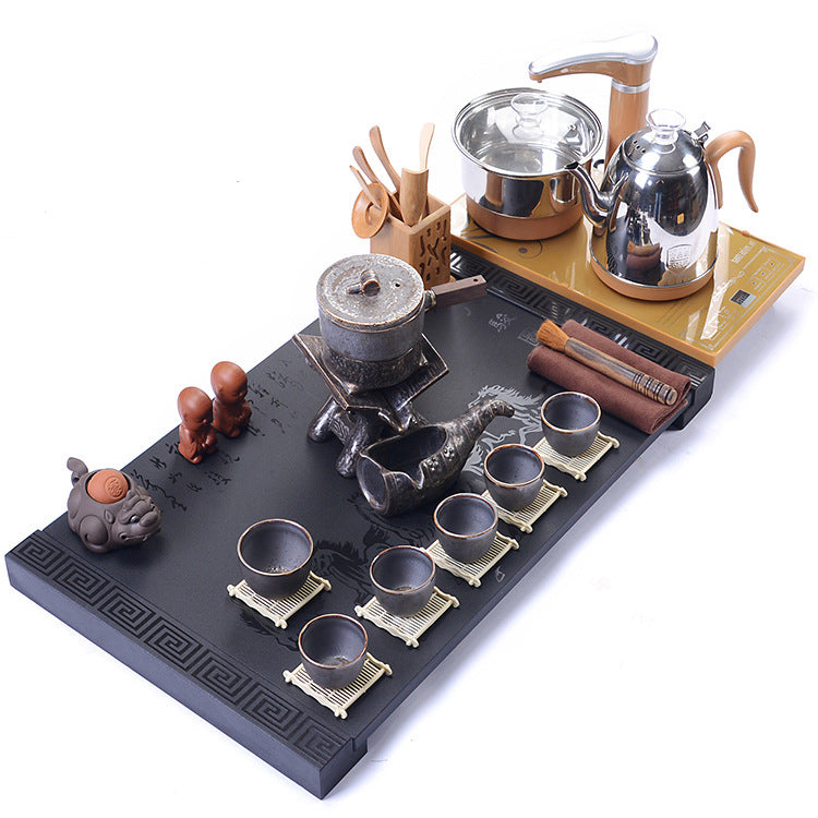 Retro Automatic Stone Mill Tea Set with Induction Cooker and Black Gold Tea Tray