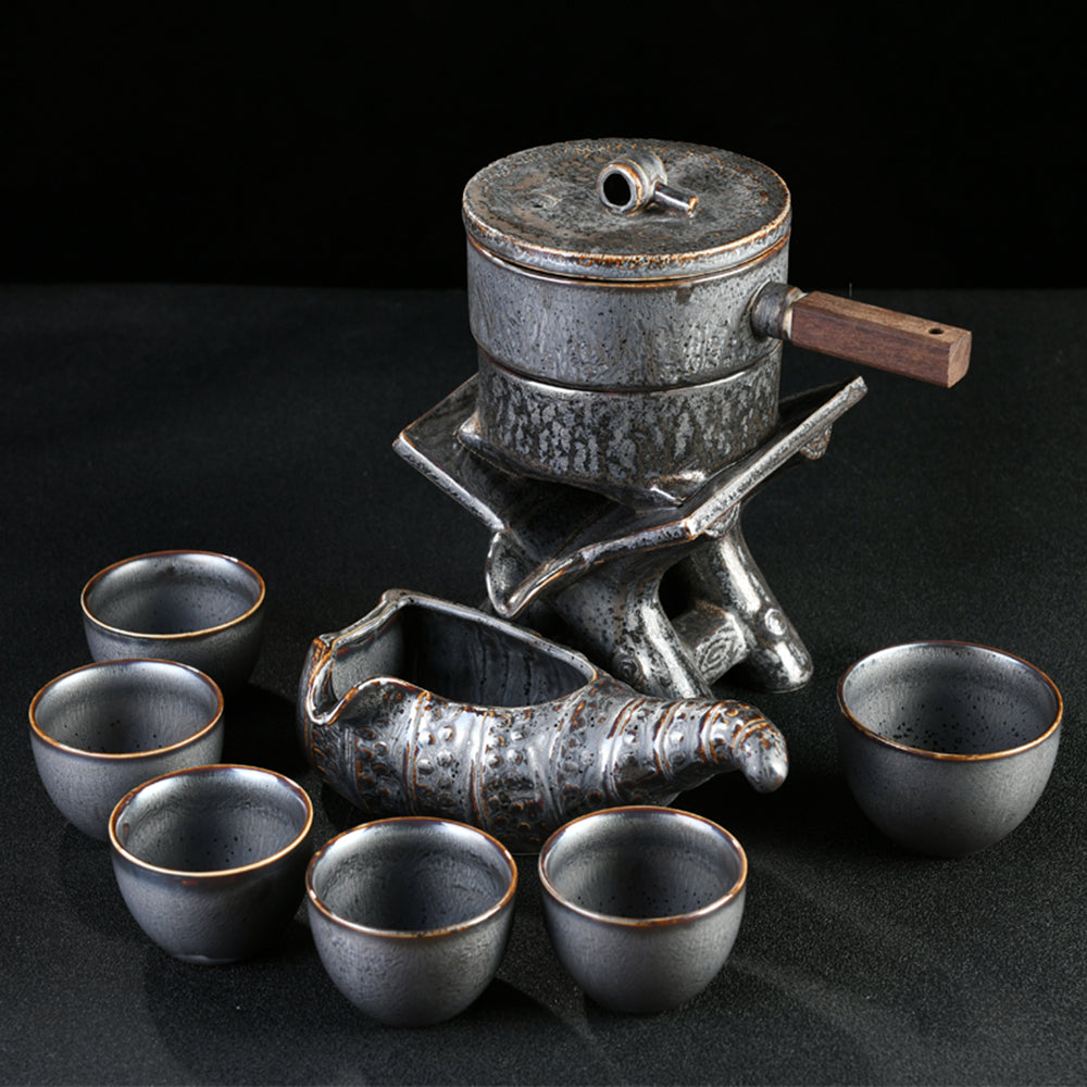 Retro Automatic Stone Mill Tea Set with Induction Cooker and Black Gold Tea Tray