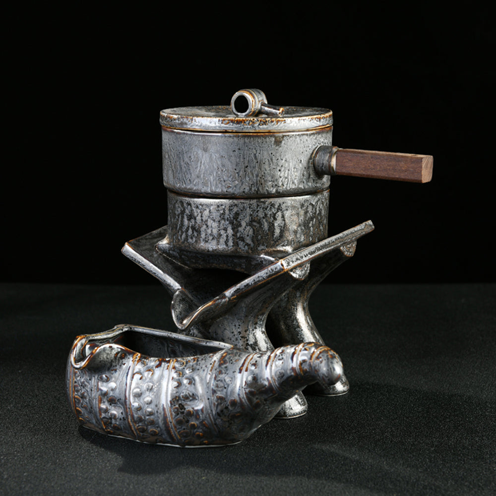 Retro Automatic Stone Mill Tea Set with Induction Cooker and Black Gold Tea Tray