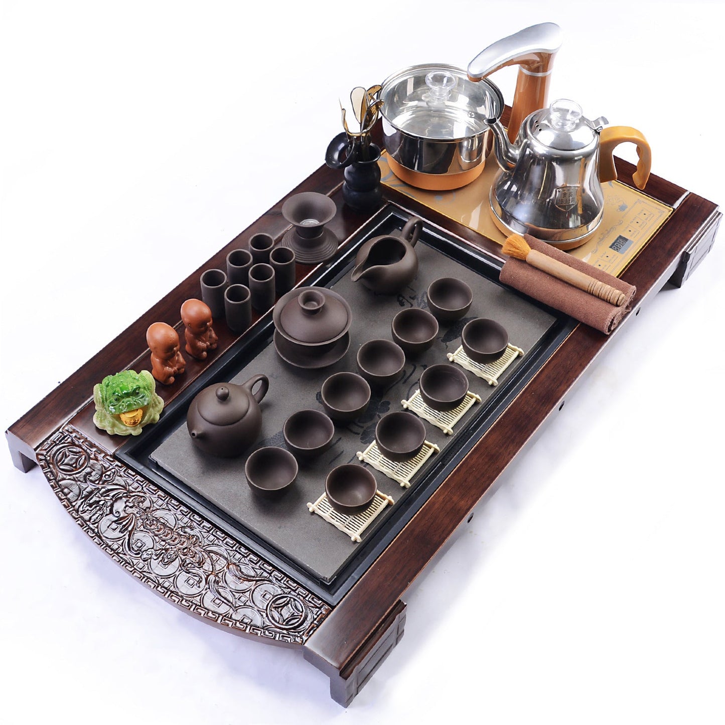 Yixing Purple Clay Tea Set with Wooden Tray and Automatic Heater