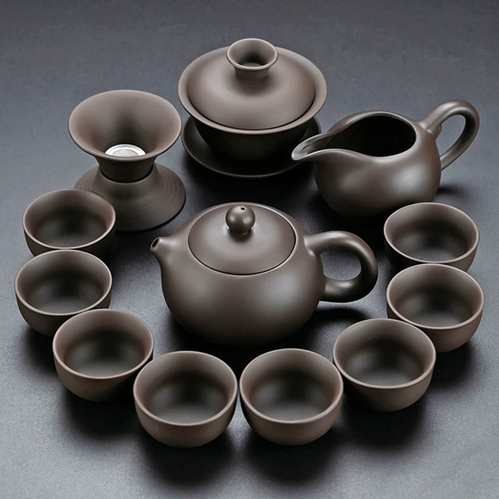 Yixing Purple Clay Tea Set with Wooden Tray and Automatic Heater