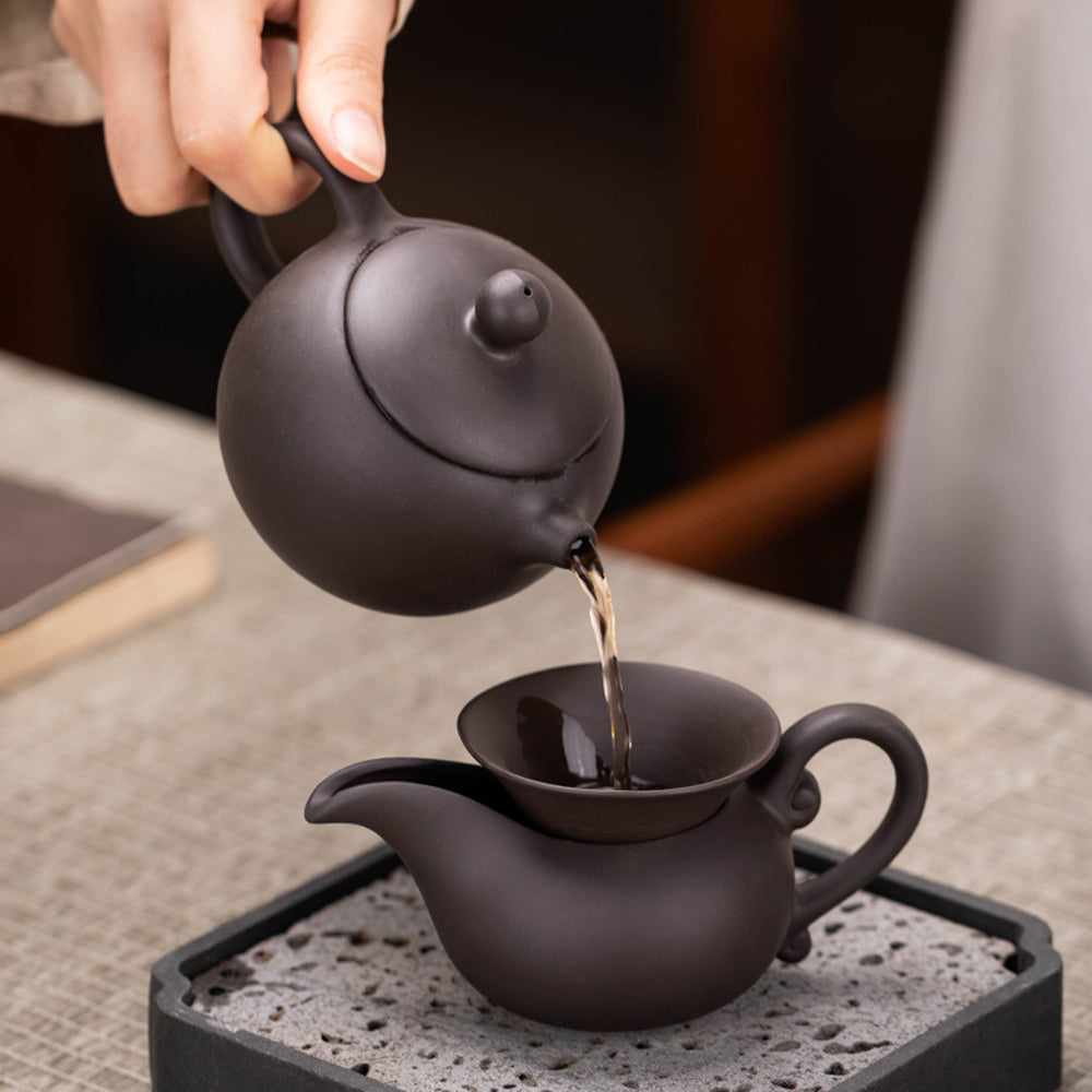 Yixing Purple Clay Tea Set with Wooden Tray and Automatic Heater