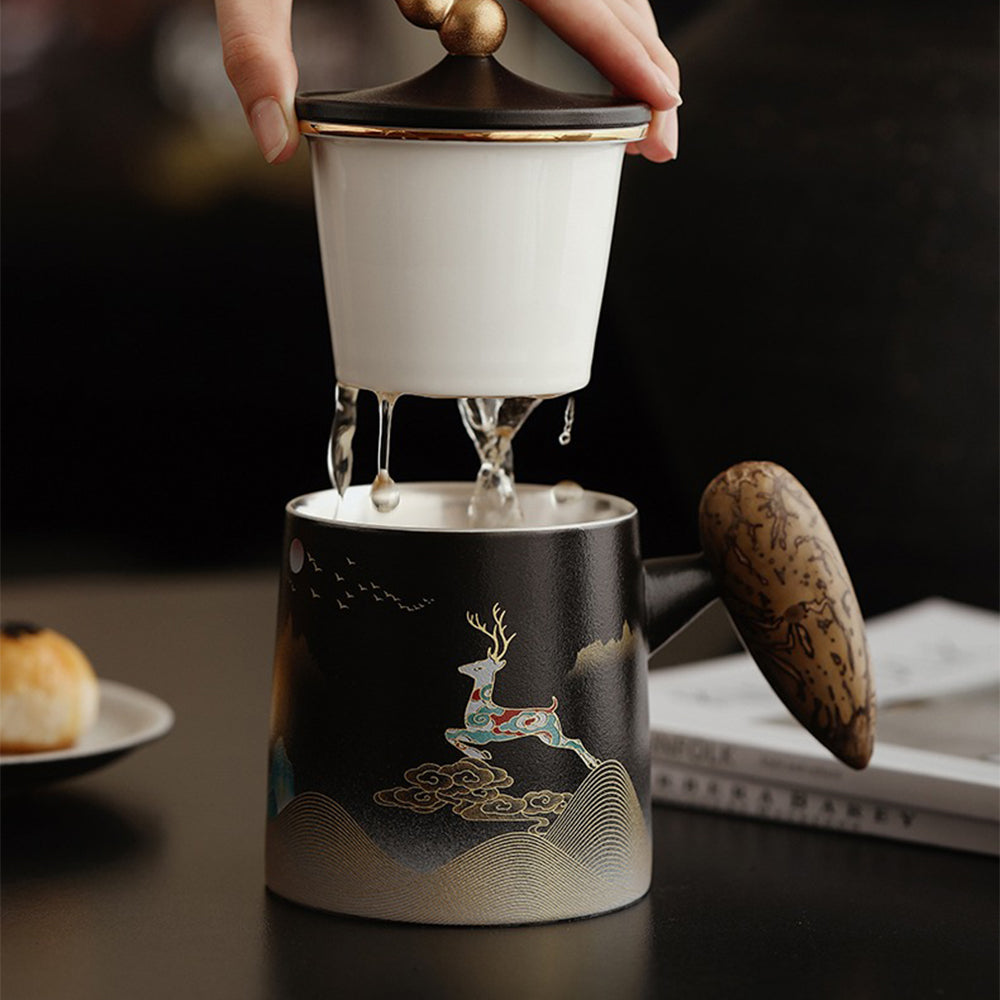Ceramic Moon and Deer Tea Cup with Infuser and Gift Box