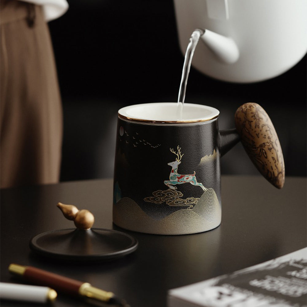 Ceramic Moon and Deer Tea Cup with Infuser and Gift Box