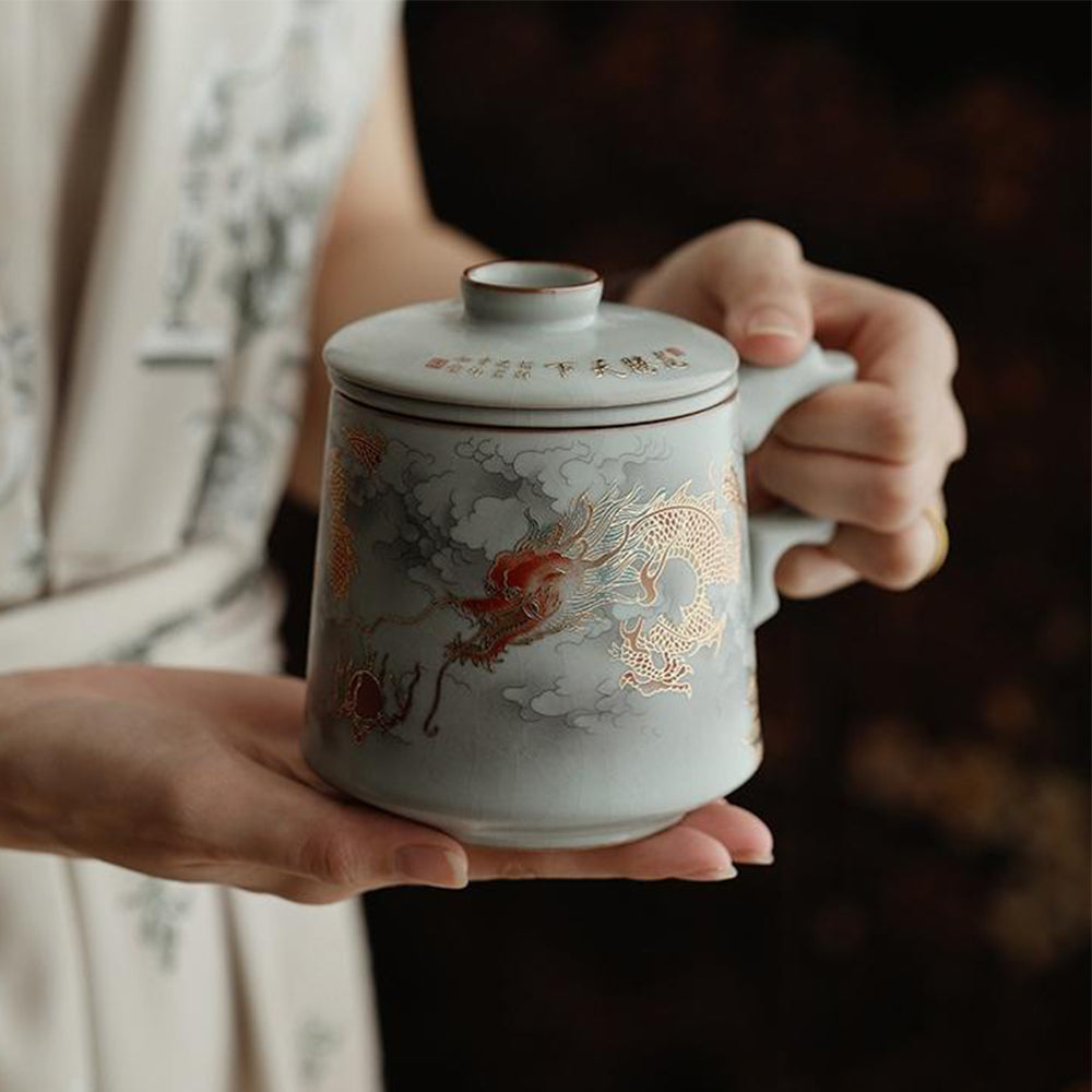 Ruyao Porcelain Dragon Tea Cup with Infuser and Lid