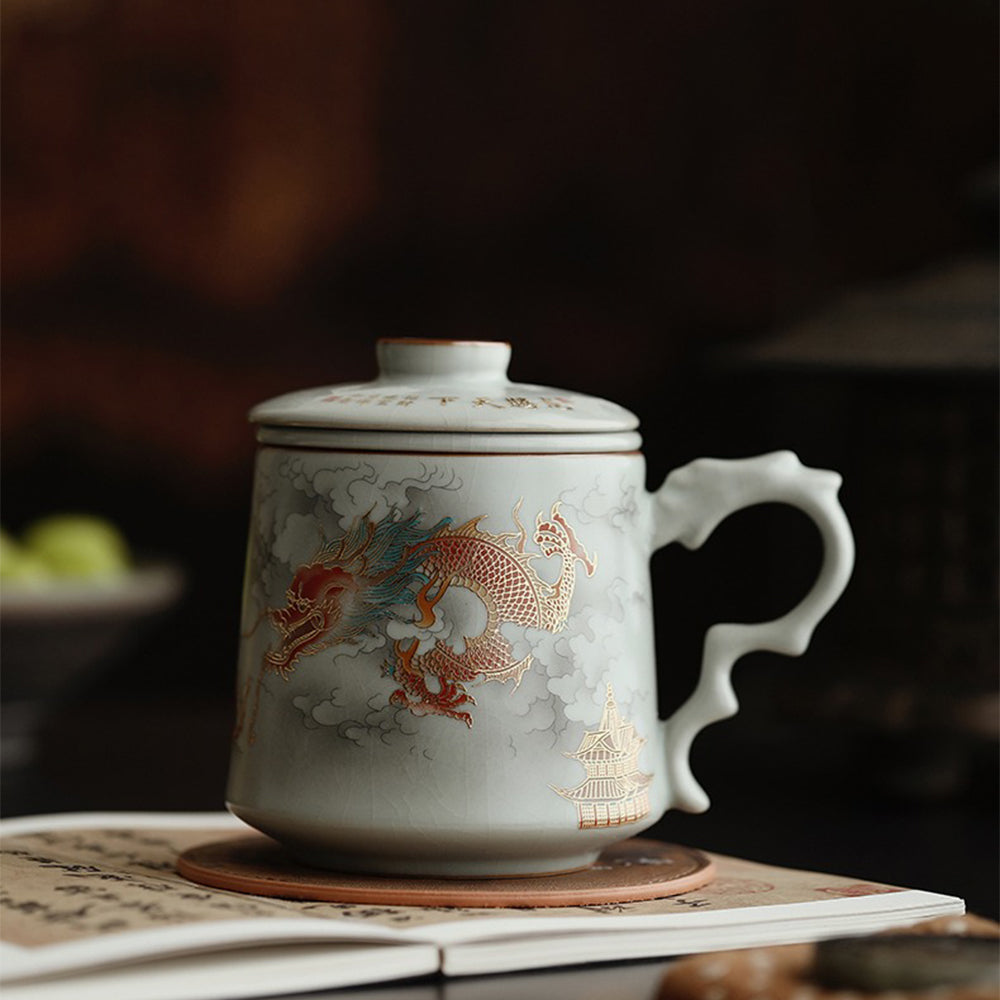 Ruyao Porcelain Dragon Tea Cup with Infuser and Lid