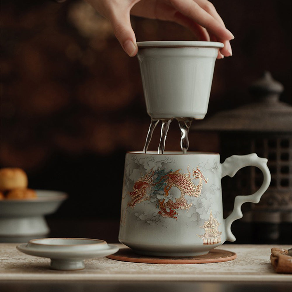Ruyao Porcelain Dragon Tea Cup with Infuser and Lid