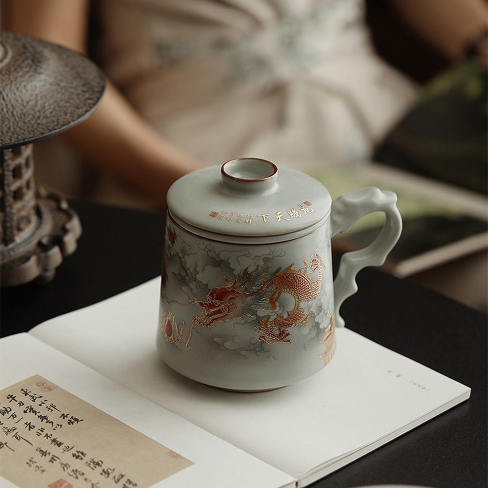 Ruyao Porcelain Dragon Tea Cup with Infuser and Lid