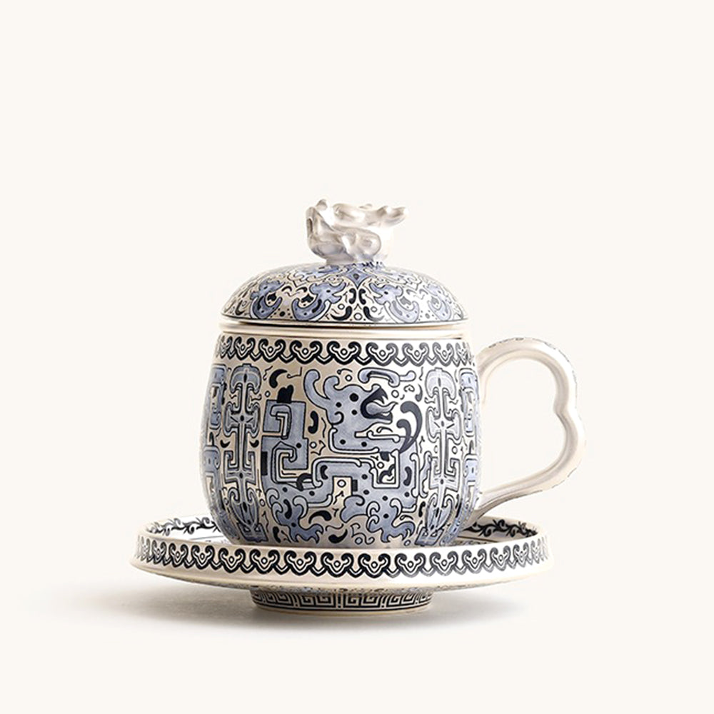 Taotie Pattern Silver-Plated Ceramic Tea Cup with Strainer and Saucer