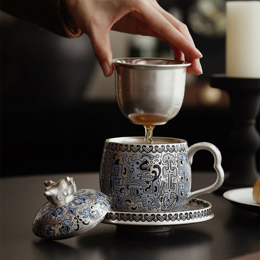Taotie Pattern Silver-Plated Ceramic Tea Cup with Strainer and Saucer
