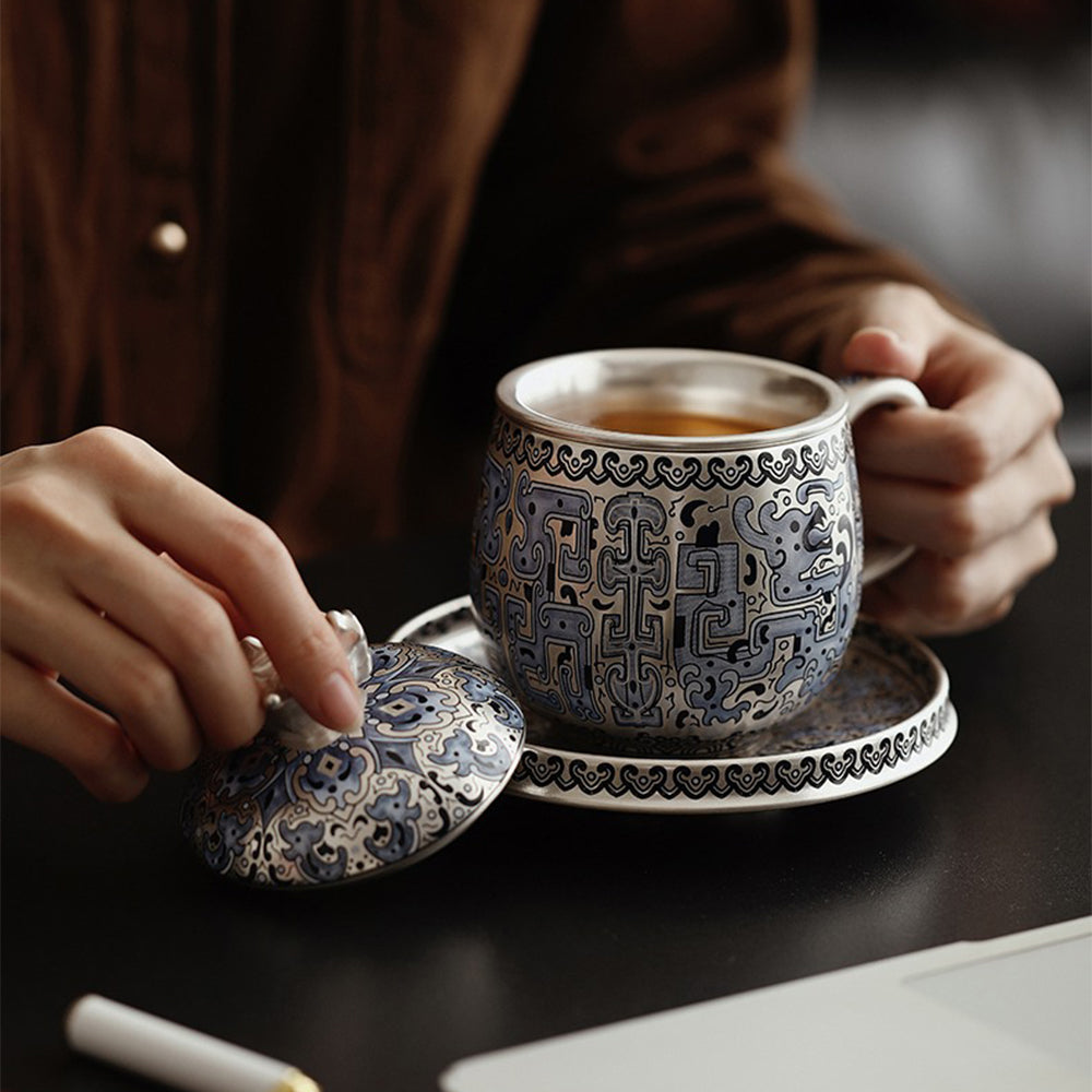 Taotie Pattern Silver-Plated Ceramic Tea Cup with Strainer and Saucer