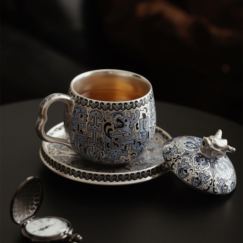 Taotie Pattern Silver-Plated Ceramic Tea Cup with Strainer and Saucer