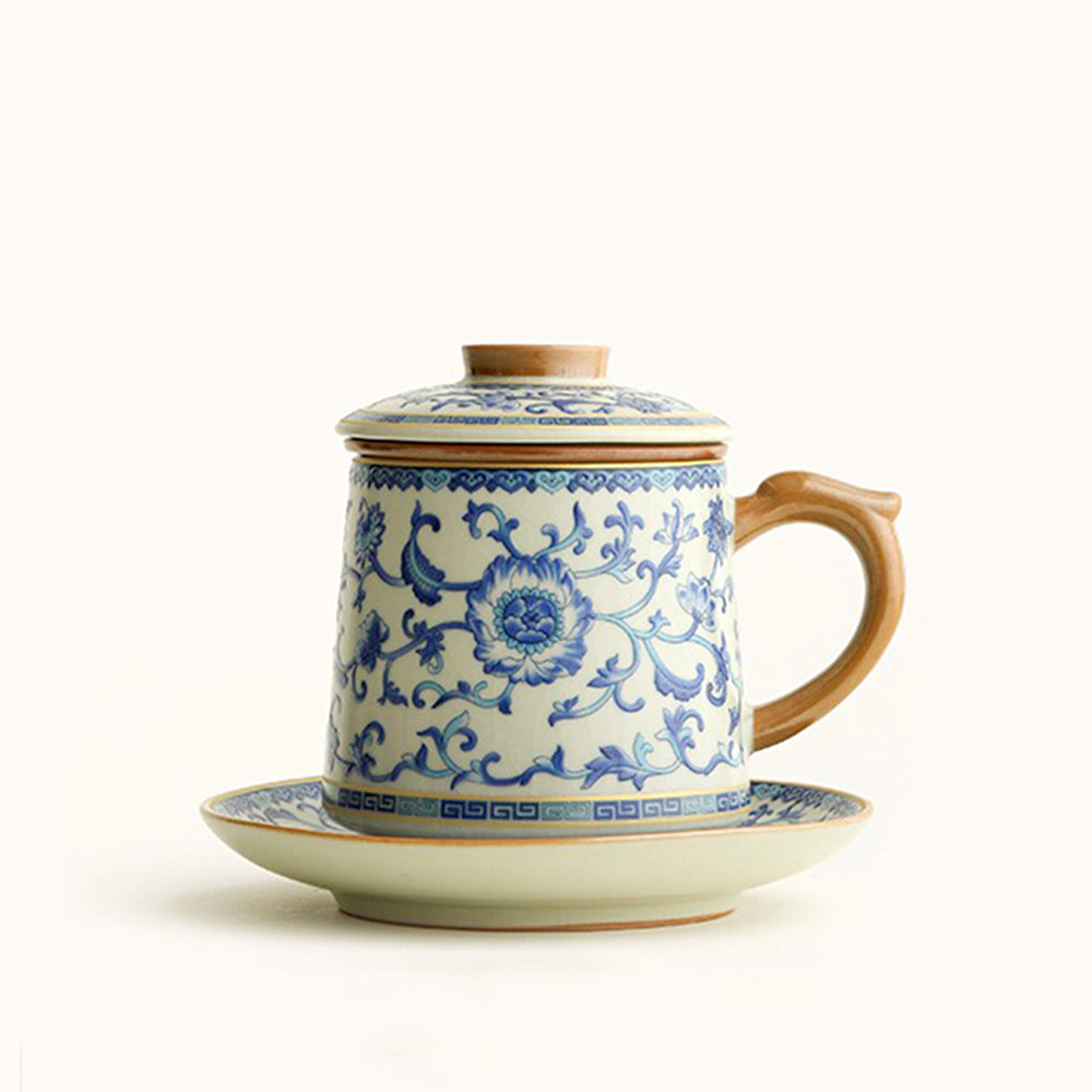 Blue and White Ru Kiln Ceramic Tea Cup with Lotus Design