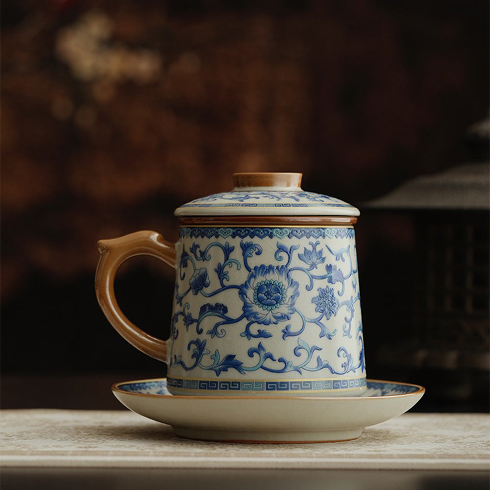 Blue and White Ru Kiln Ceramic Tea Cup with Lotus Design