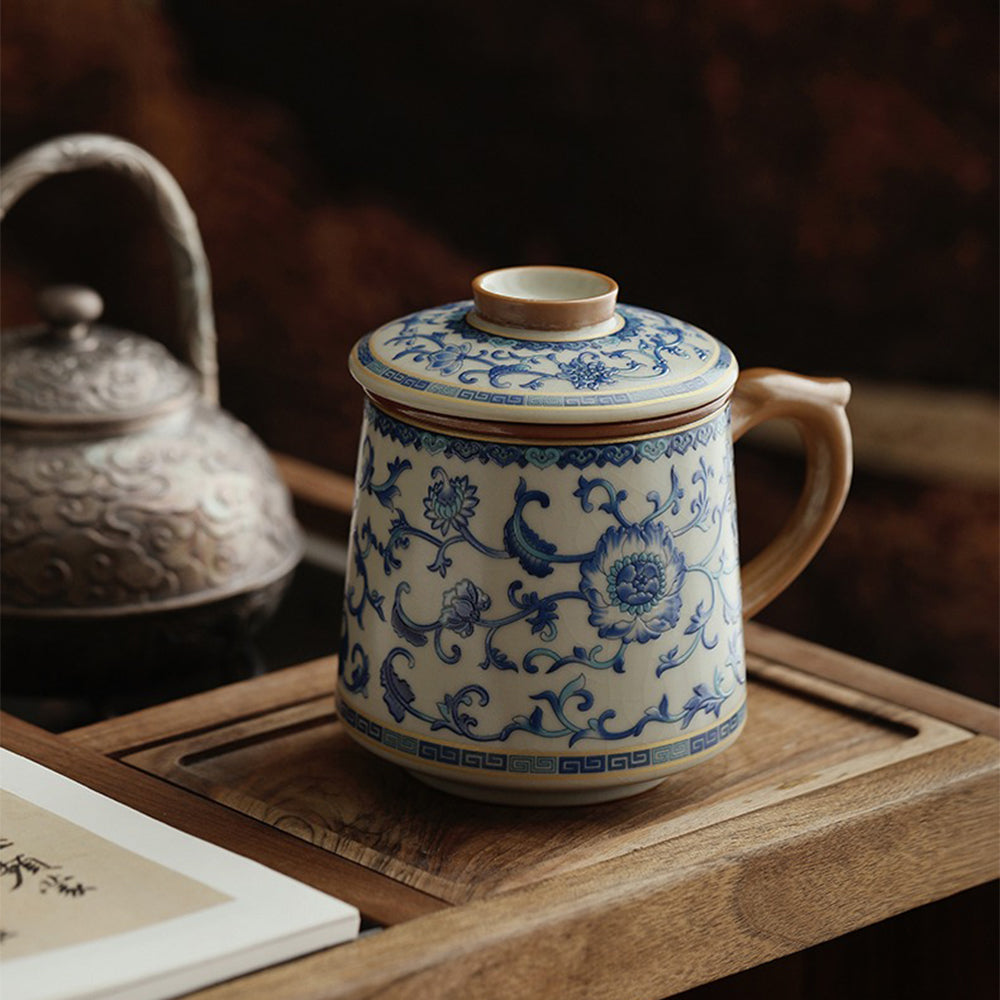Blue and White Ru Kiln Ceramic Tea Cup with Lotus Design