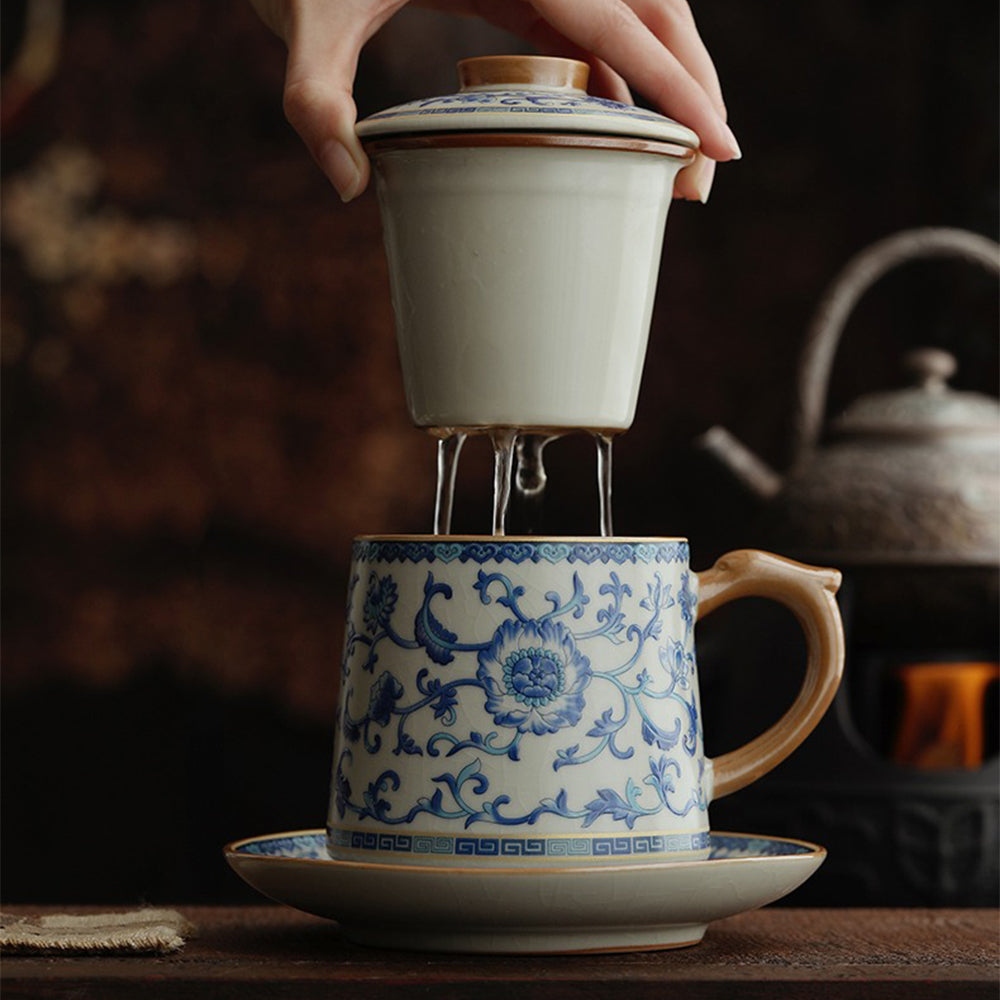 Blue and White Ru Kiln Ceramic Tea Cup with Lotus Design