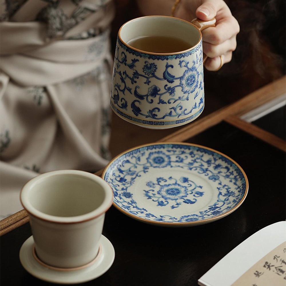 Blue and White Ru Kiln Ceramic Tea Cup with Lotus Design