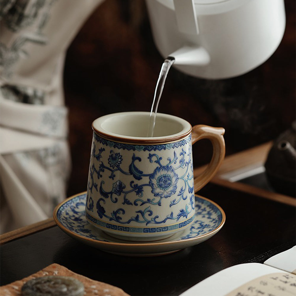 Blue and White Ru Kiln Ceramic Tea Cup with Lotus Design