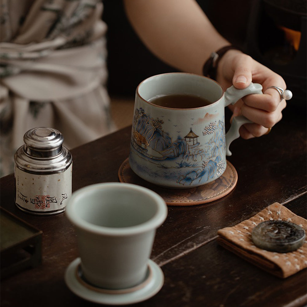 Ruyao Porcelain Landscape Tea Cup with Infuser