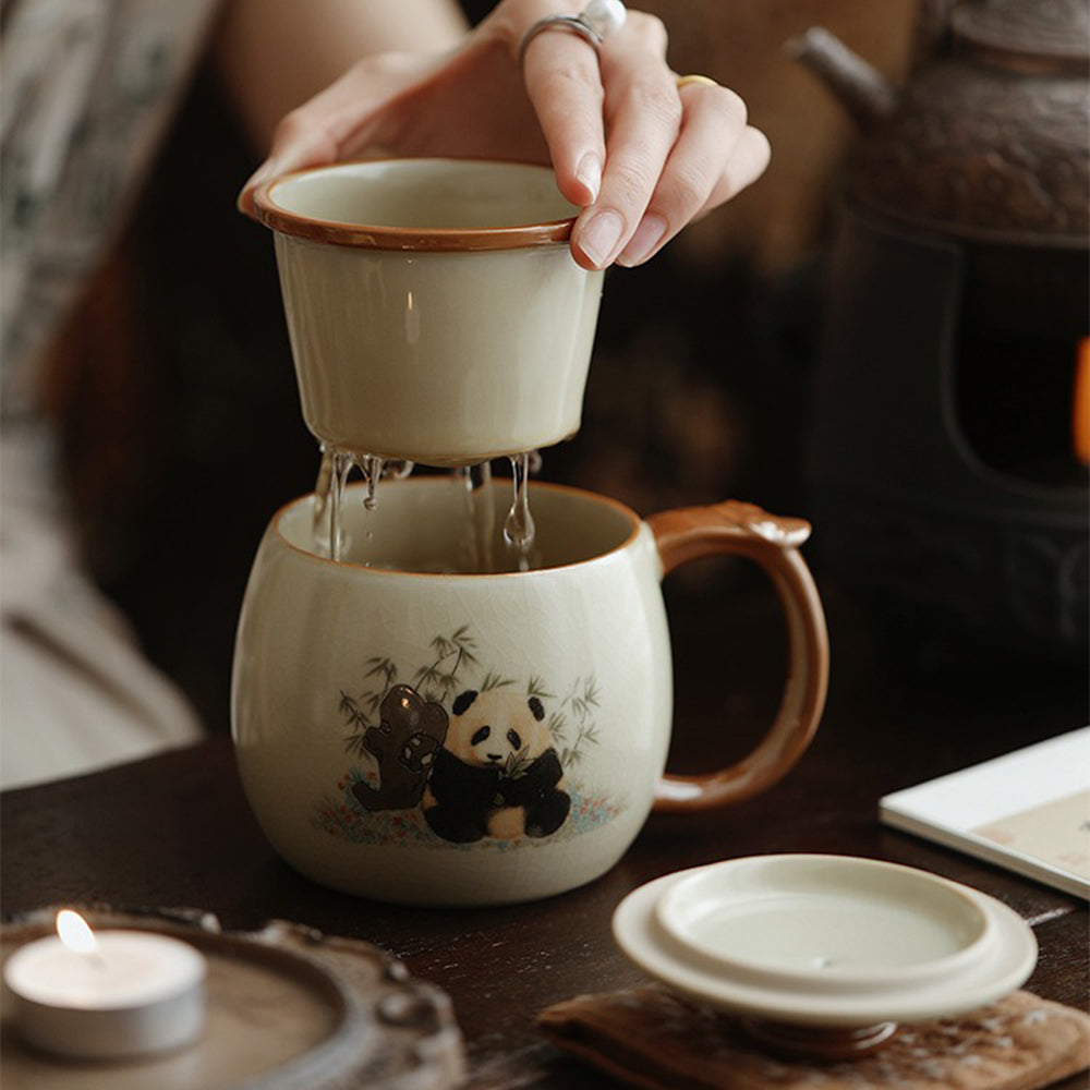 Ruyao Panda Ceramic Tea Cup with Infuser and Lid