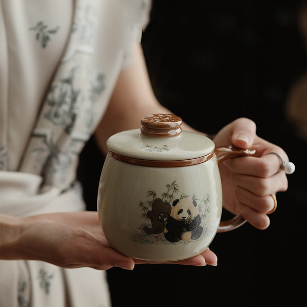 Ruyao Panda Ceramic Tea Cup with Infuser and Lid