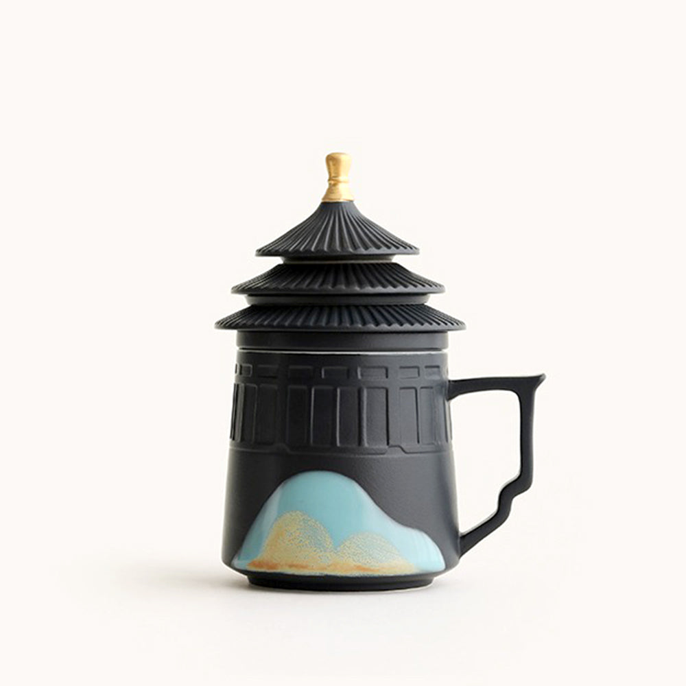 Ceramic Tea Cup with Lid and Incense Holder - Mountain Landscape Design